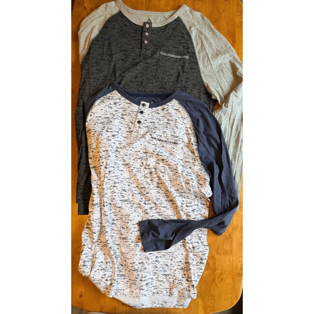 Swiss Cross Mens Henley Shirt Lot of 2 Long Sleeve Raglan Space Dye Grey Blue XL